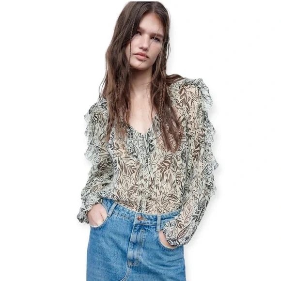 Zara Printed Ruffle Blouse - Picture 1 of 10
